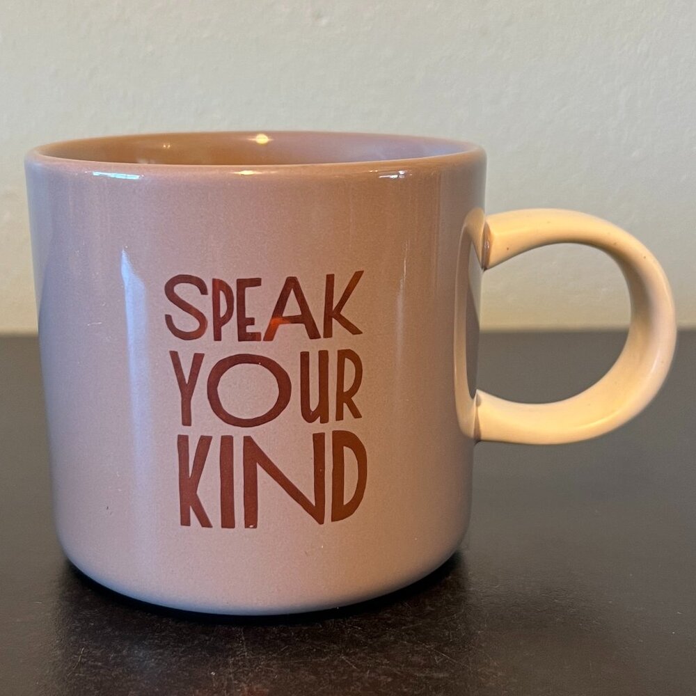 Starbucks 2017 Speak Your Kind Taupe Gold Ceramic Coffee Mug 12oz Holiday Cup